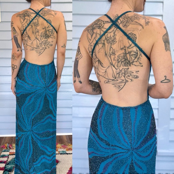Vintage 90s Cache Psychedelic Beaded Silk Open Back Gown Dress - Picture 4 of 9